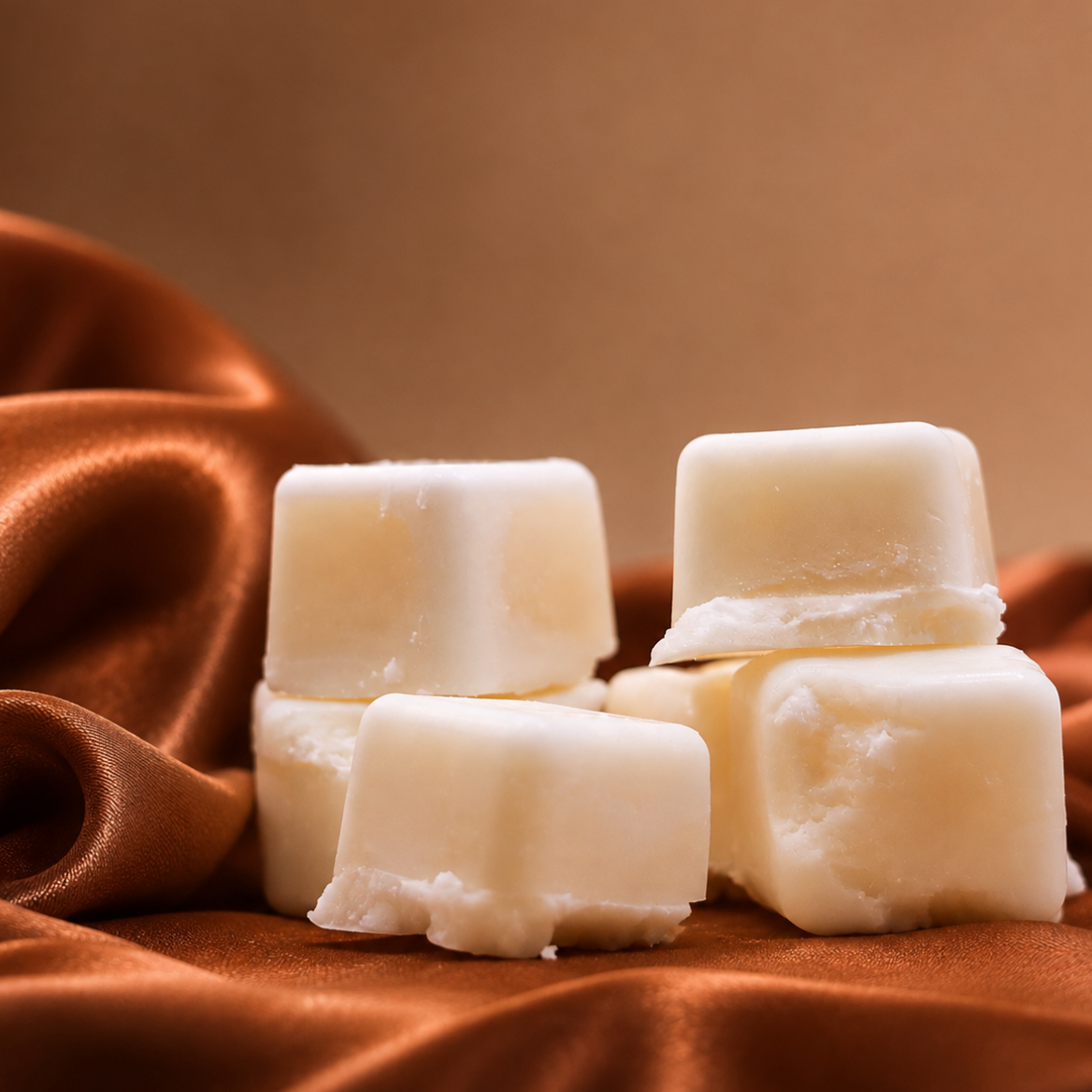 Four off-white wax melts arranged on draped brown satin fabric against a warm brown background.