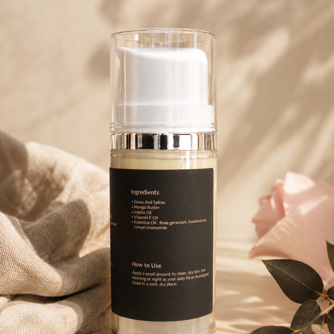 A clear cylindrical cosmetic bottle with a white pump and a black front label, styled on a beige fabric surface with soft shadows, a pink rose, and green leaves.
